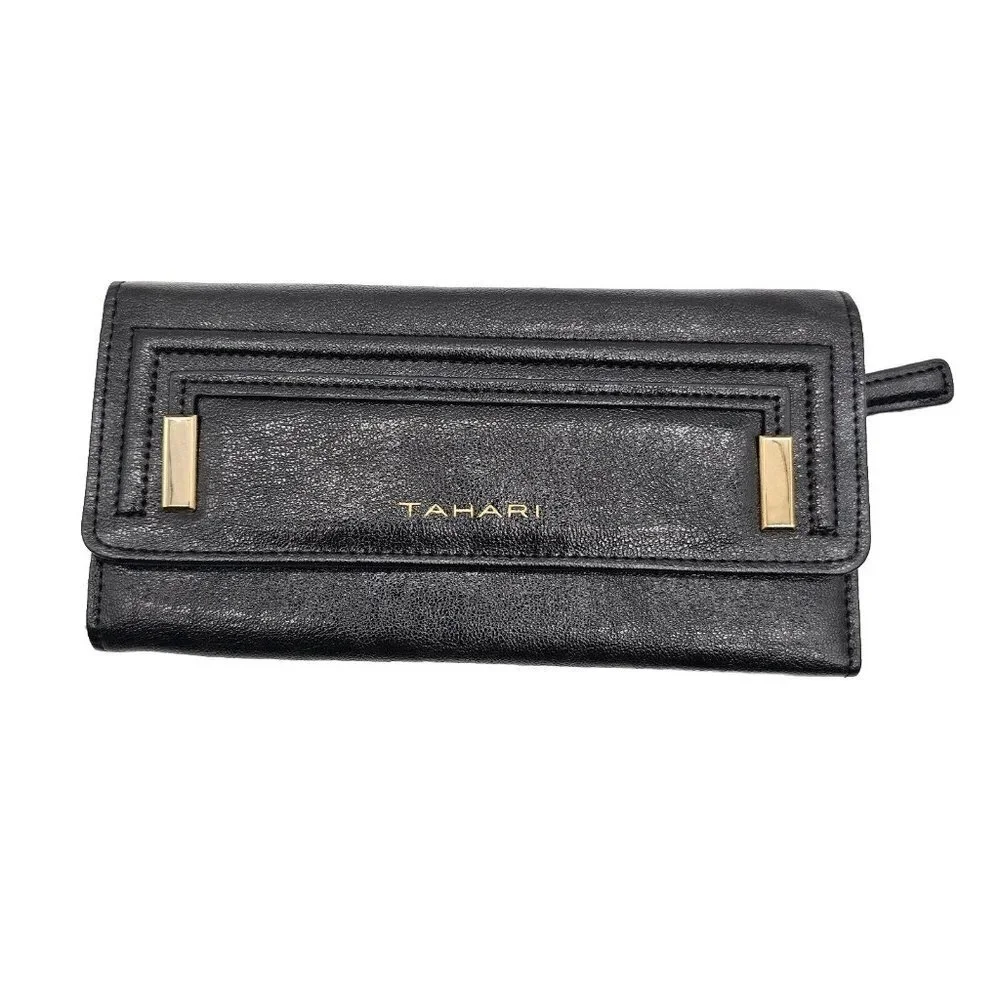 Tahari Tri Fold Wallet Black Faux Leather Credit Card Slots Vintage Snap Button